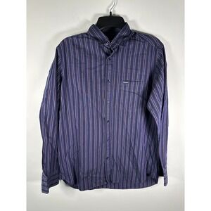 Faconnable Dress Shirt Mens S Stripe Blue Brown Sleeve Button Up Pocket Club